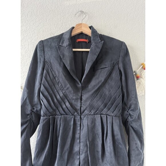 Alice + Olivia 100% Silk Navy Hook Eye Ruched Blazer Jacket Office Victorian S - Picture 3 of 11